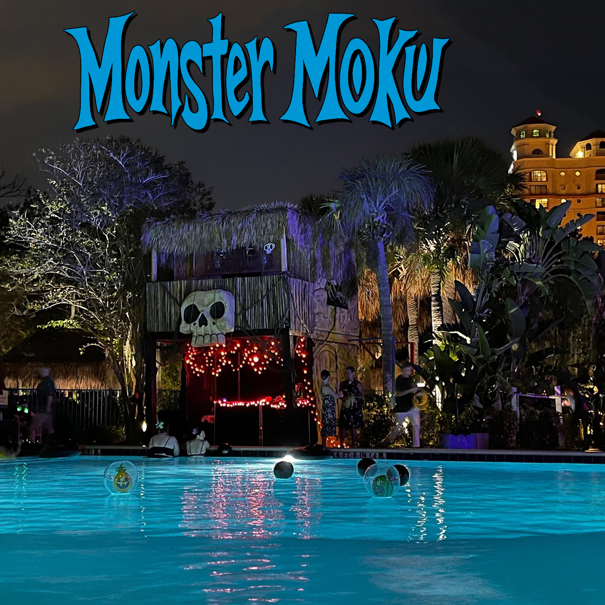Monster Moku’s skull-fronted pool stage glowing after dark