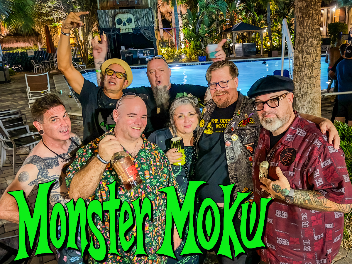 A group of friends celebrating at Monster Moku after dark
