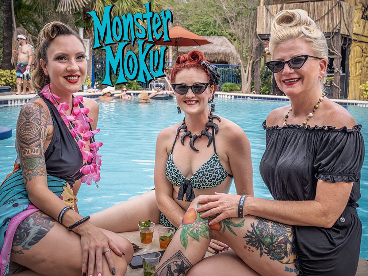 Friends relaxing beside the Monster Moku pool