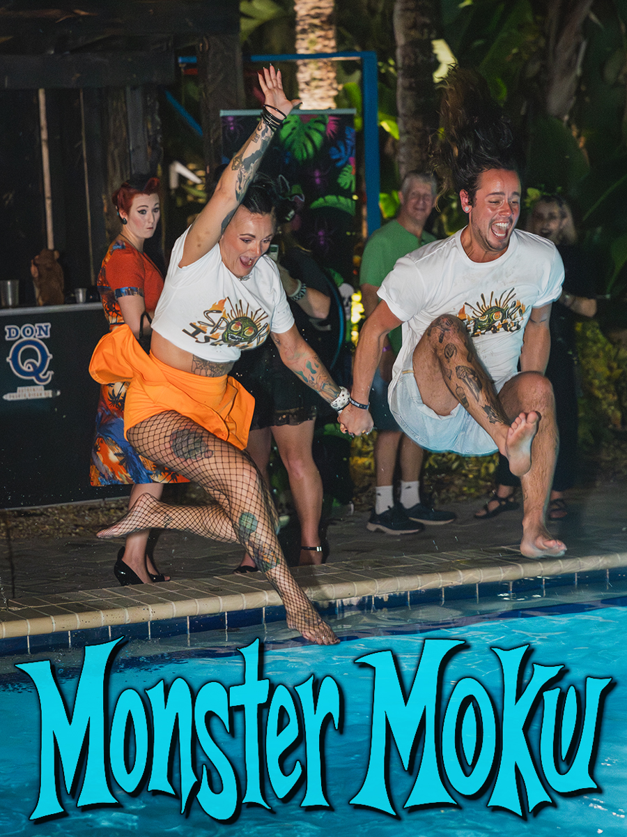 Guests jumping into the Monster Moku pool
