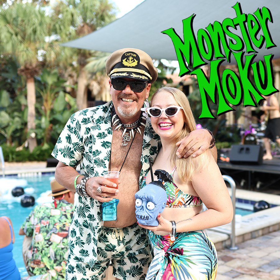 A smiling couple at the Monster Moku pool party