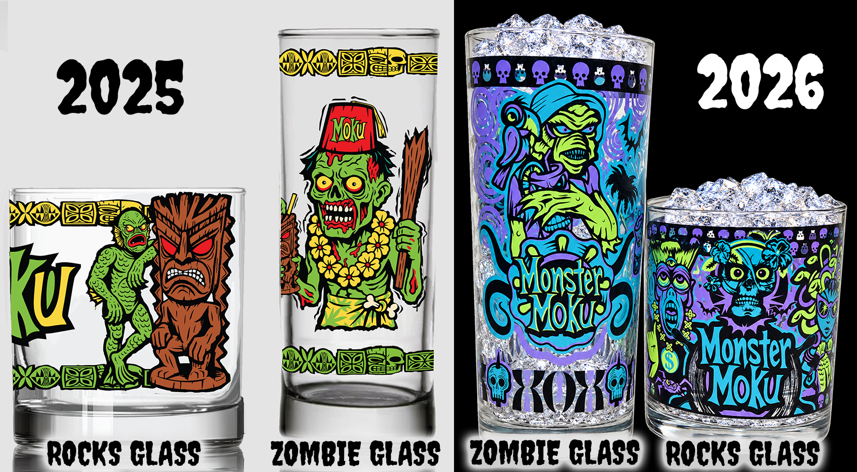 All four Monster Moku collectible glass designs