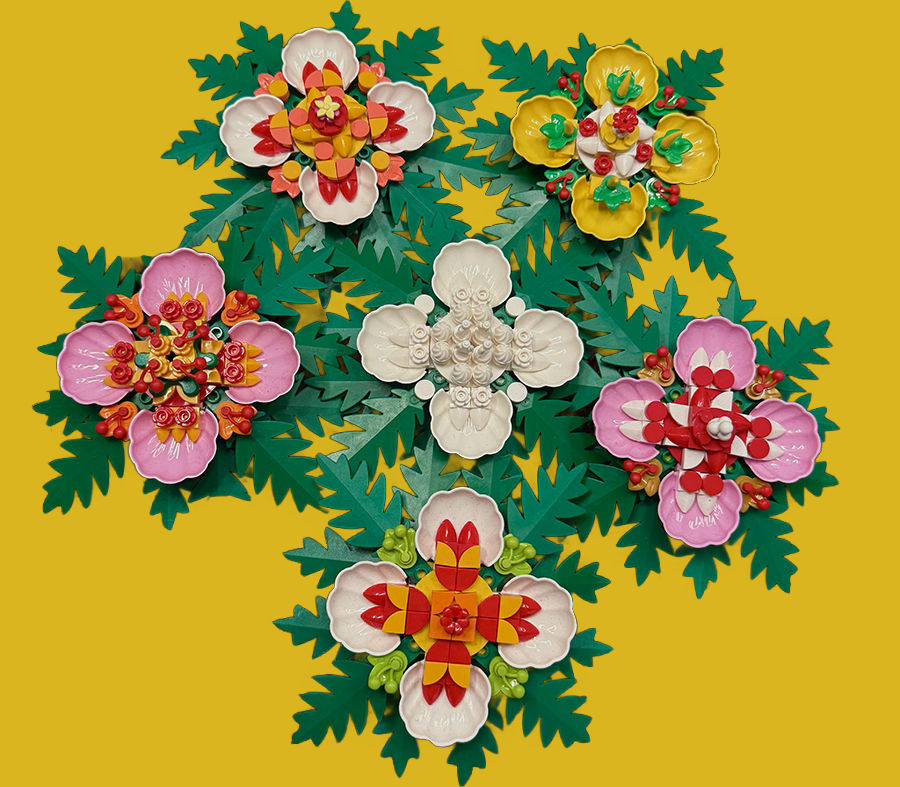 A colorful collection of completed LEGO hair flowers