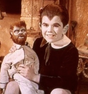 Eddie Munster posing with Woof-Woof on the set of The Munsters