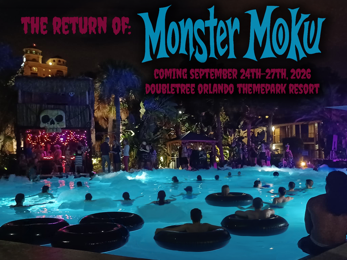 Monster Moku guests enjoying the nighttime resort pool party